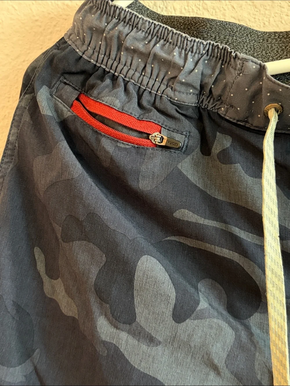 Vuori Navy Camo Swim Board Shorts with White Drawstring